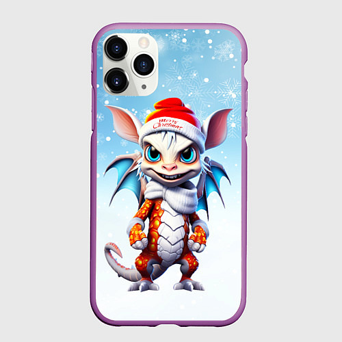 Чехол iPhone 11 Pro матовый Забавный новогодний дракончик / 3D-Фиолетовый – фото 1