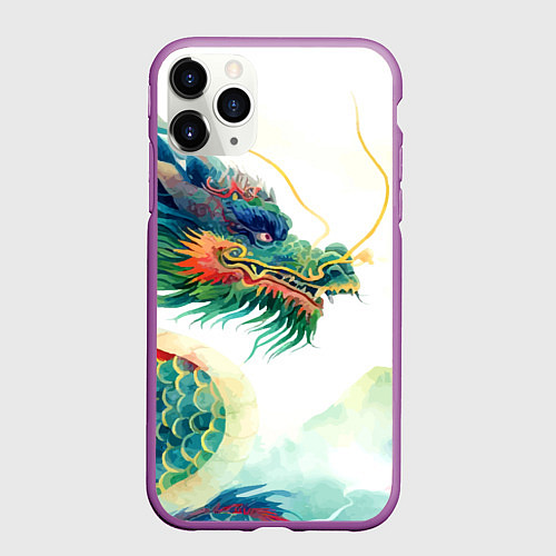 Чехол iPhone 11 Pro матовый Japanese dragon - watercolor art / 3D-Фиолетовый – фото 1