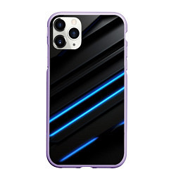 Чехол iPhone 11 Pro матовый Синие неоновые линии на черном, цвет: 3D-светло-сиреневый