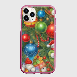 Чехол iPhone 11 Pro матовый Новогодний принт на елке, цвет: 3D-малиновый