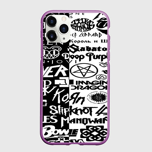 Чехол iPhone 11 Pro матовый Логотипы лучших групп черно белый / 3D-Фиолетовый – фото 1