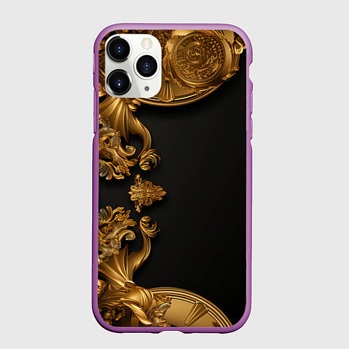 Чехол iPhone 11 Pro матовый Золотые объемные узоры / 3D-Фиолетовый – фото 1