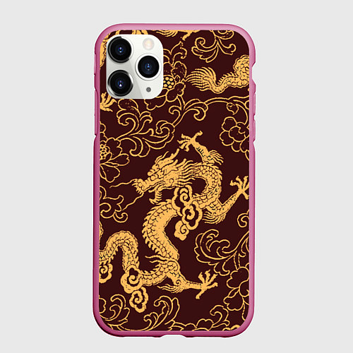 Чехол iPhone 11 Pro матовый Черно-золотая гравюра дракона / 3D-Малиновый – фото 1
