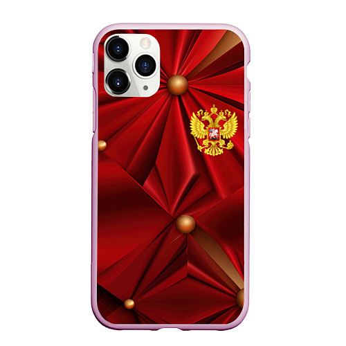 Чехол iPhone 11 Pro матовый Золотой герб России на красной абстракции / 3D-Розовый – фото 1