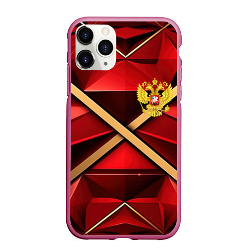 Чехол iPhone 11 Pro матовый Герб России на красном абстрактном фоне / 3D-Малиновый – фото 1