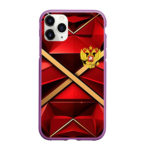 Чехол iPhone 11 Pro матовый Герб России на красном абстрактном фоне / 3D-Фиолетовый – фото 1