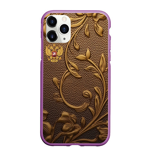 Чехол iPhone 11 Pro матовый Золотой герб России / 3D-Фиолетовый – фото 1
