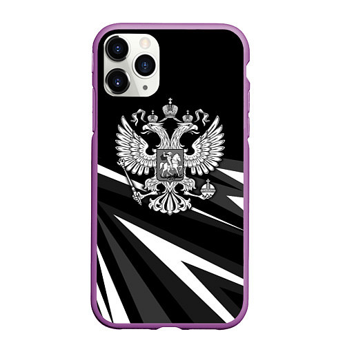 Чехол iPhone 11 Pro матовый Герб РФ - white and black geometry / 3D-Фиолетовый – фото 1