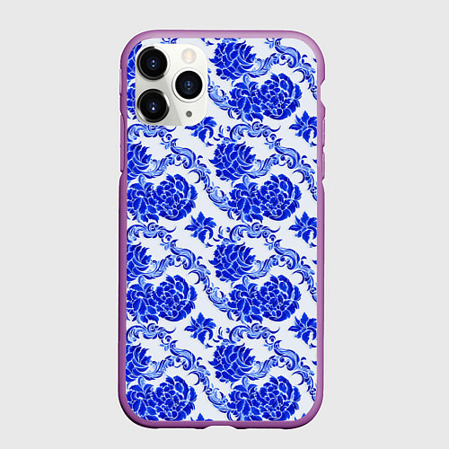 Чехол iPhone 11 Pro матовый Гжель классика / 3D-Фиолетовый – фото 1