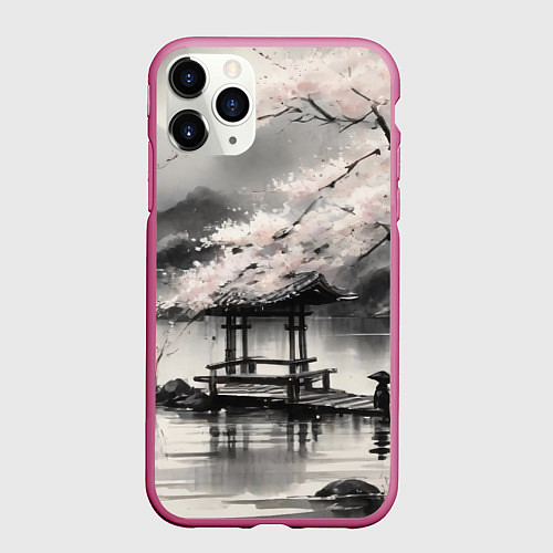 Чехол iPhone 11 Pro матовый Пейзаж японское озеро / 3D-Малиновый – фото 1