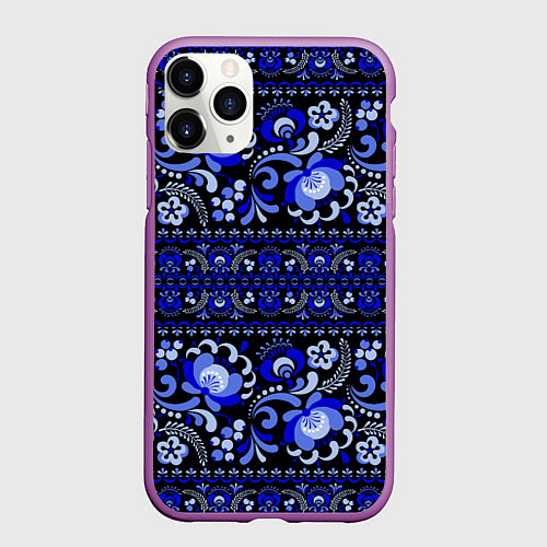 Чехол iPhone 11 Pro матовый Новогодняя гжельская роспись цветами на чёрном фон / 3D-Фиолетовый – фото 1
