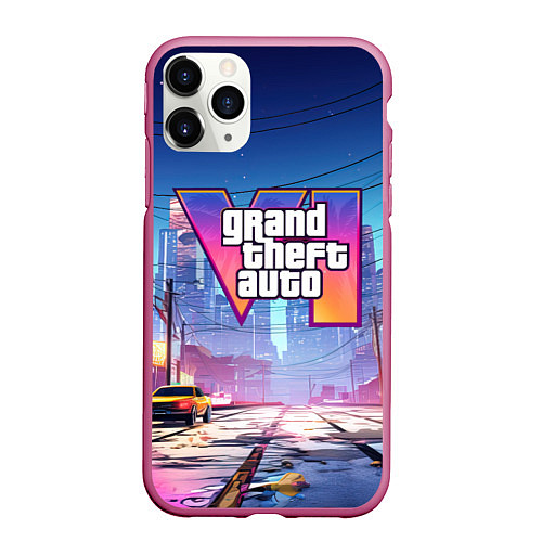 Чехол iPhone 11 Pro матовый GTA 6 неоновый город / 3D-Малиновый – фото 1