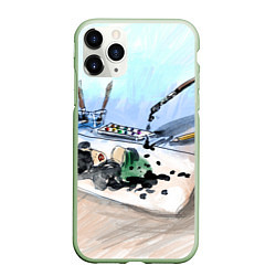 Чехол iPhone 11 Pro матовый Капли и портрет тушью, цвет: 3D-салатовый