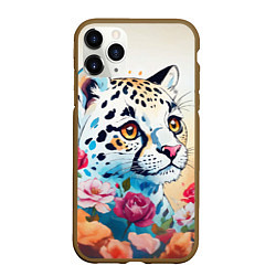 Чехол iPhone 11 Pro матовый Мультяшный леопард в цветах, цвет: 3D-коричневый