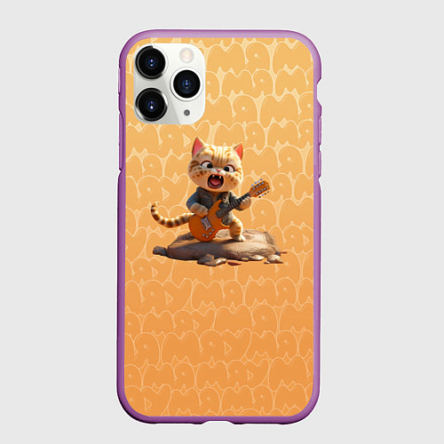 Чехол iPhone 11 Pro матовый Рыжий кот с гитарой / 3D-Фиолетовый – фото 1