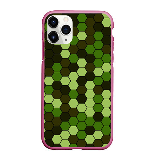 Чехол iPhone 11 Pro матовый Камуфляж гексагон лесной / 3D-Малиновый – фото 1