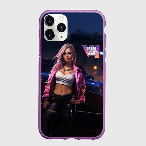 Чехол iPhone 11 Pro матовый GTA 6 девушка у машины / 3D-Фиолетовый – фото 1