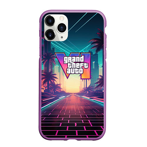 Чехол iPhone 11 Pro матовый GTA 6 night city logo / 3D-Фиолетовый – фото 1