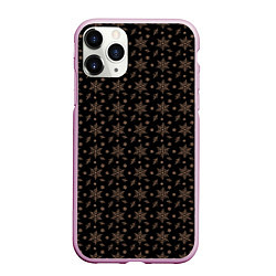 Чехол iPhone 11 Pro матовый Узор из персиковых снежинок на черном, цвет: 3D-розовый