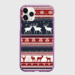Чехол iPhone 11 Pro матовый Олени белые и красные свитер новогодний, цвет: 3D-фиолетовый