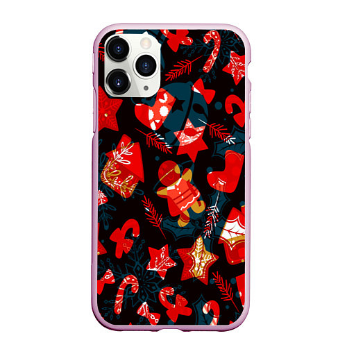 Чехол iPhone 11 Pro матовый Рождественские узоры красные / 3D-Розовый – фото 1