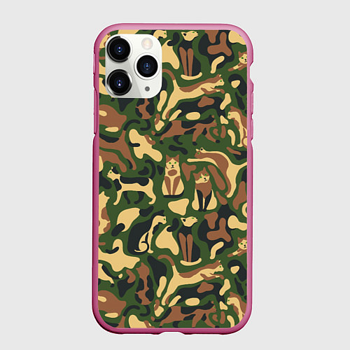 Чехол iPhone 11 Pro матовый Коты и кошки - камуфляж / 3D-Малиновый – фото 1