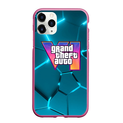 Чехол iPhone 11 Pro матовый GTA 6 лого на фоне разлома голубых плит / 3D-Малиновый – фото 1