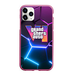 Чехол iPhone 11 Pro матовый GTA 6 лого на фоне разлома фиолетовых и синих плит, цвет: 3D-малиновый