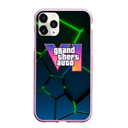 Чехол iPhone 11 Pro матовый GTA 6 лого на фоне разлома зеленых плит