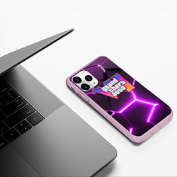 Чехол iPhone 11 Pro матовый GTA 6 лого на фоне разлома фиолетовых плит, цвет: 3D-розовый — фото 2