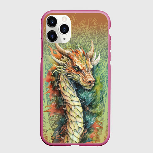 Чехол iPhone 11 Pro матовый Зеленый древесный дракон с деревьями / 3D-Малиновый – фото 1