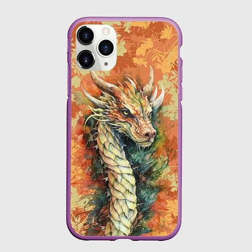 Чехол iPhone 11 Pro матовый Зеленый древесный дракон с листьями / 3D-Фиолетовый – фото 1