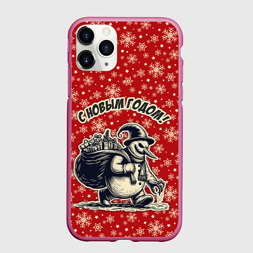 Чехол iPhone 11 Pro матовый Жуткий снеговик / 3D-Малиновый – фото 1
