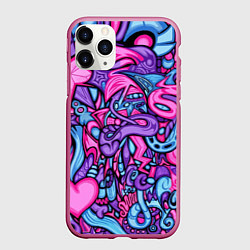 Чехол iPhone 11 Pro матовый Узор розово-фиолетовый черепа и сердца, цвет: 3D-малиновый