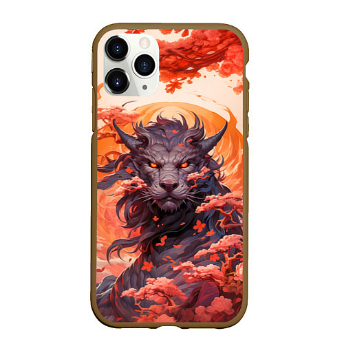 Чехол iPhone 11 Pro матовый Тигровый дракон сакура / 3D-Коричневый – фото 1