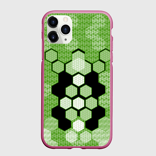 Чехол iPhone 11 Pro матовый Зелёная кибер броня hexagons / 3D-Малиновый – фото 1