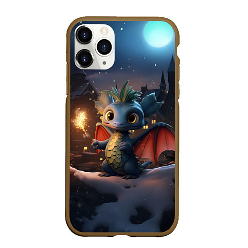 Чехол iPhone 11 Pro матовый Маленький дракон на фоне замка / 3D-Коричневый – фото 1