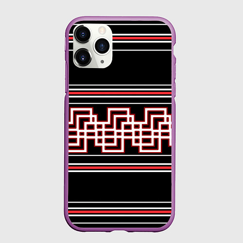 Чехол iPhone 11 Pro матовый Греческие линии красные и белые / 3D-Фиолетовый – фото 1