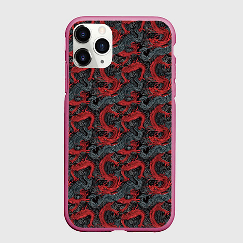 Чехол iPhone 11 Pro матовый Красные драконы на сером фоне / 3D-Малиновый – фото 1