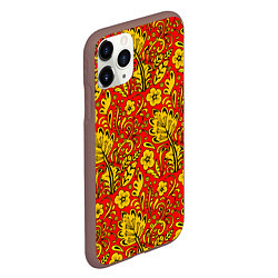 Чехол iPhone 11 Pro матовый Хохломская роспись золотистые цветы на красном фон, цвет: 3D-коричневый — фото 2