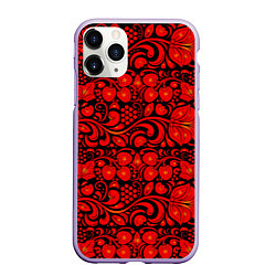 Чехол iPhone 11 Pro матовый Хохломская роспись красные цветы и ягоды на чёрном, цвет: 3D-светло-сиреневый