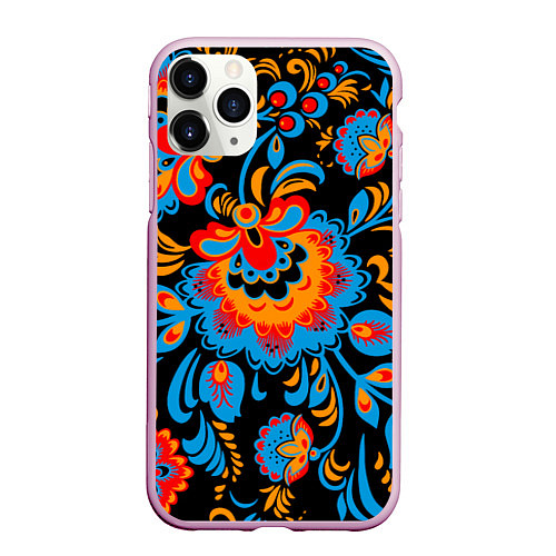 Чехол iPhone 11 Pro матовый Хохломская роспись разноцветные цветы на чёроном ф / 3D-Розовый – фото 1