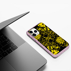 Чехол iPhone 11 Pro матовый Хохломская роспись золотые цветы на чёроном фоне, цвет: 3D-розовый — фото 2