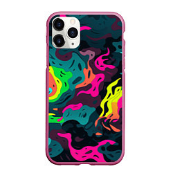 Чехол iPhone 11 Pro матовый Яркие кислотные разноцветные пятна в виде камуфляж, цвет: 3D-малиновый