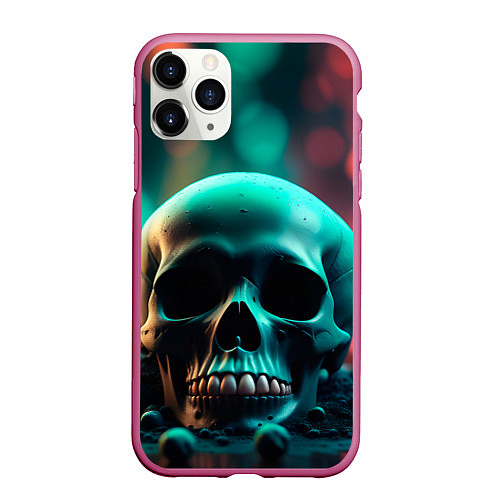 Чехол iPhone 11 Pro матовый Бирюзовый череп среди стеклянных шаров и боке / 3D-Малиновый – фото 1