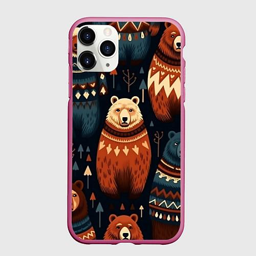 Чехол iPhone 11 Pro матовый Медведи индейцы / 3D-Малиновый – фото 1