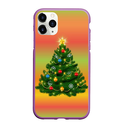 Чехол iPhone 11 Pro матовый Ёлка новогодняя украшенная на ярком разноцветном ф / 3D-Фиолетовый – фото 1