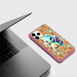 Чехол iPhone 11 Pro матовый Маленький синий дракон на фоне оленей, цвет: 3D-малиновый — фото 2