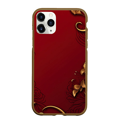 Чехол iPhone 11 Pro матовый Узоры золотые на красном фоне / 3D-Коричневый – фото 1