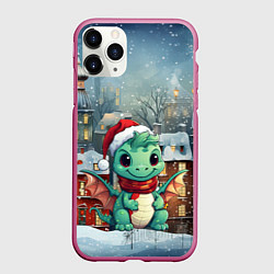 Чехол iPhone 11 Pro матовый Милый маленький дракон новогодний на фоне домов, цвет: 3D-малиновый